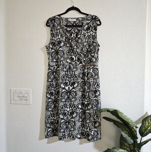 "Calvin Klein" Elegant Black and White Floral Dress, Size L.